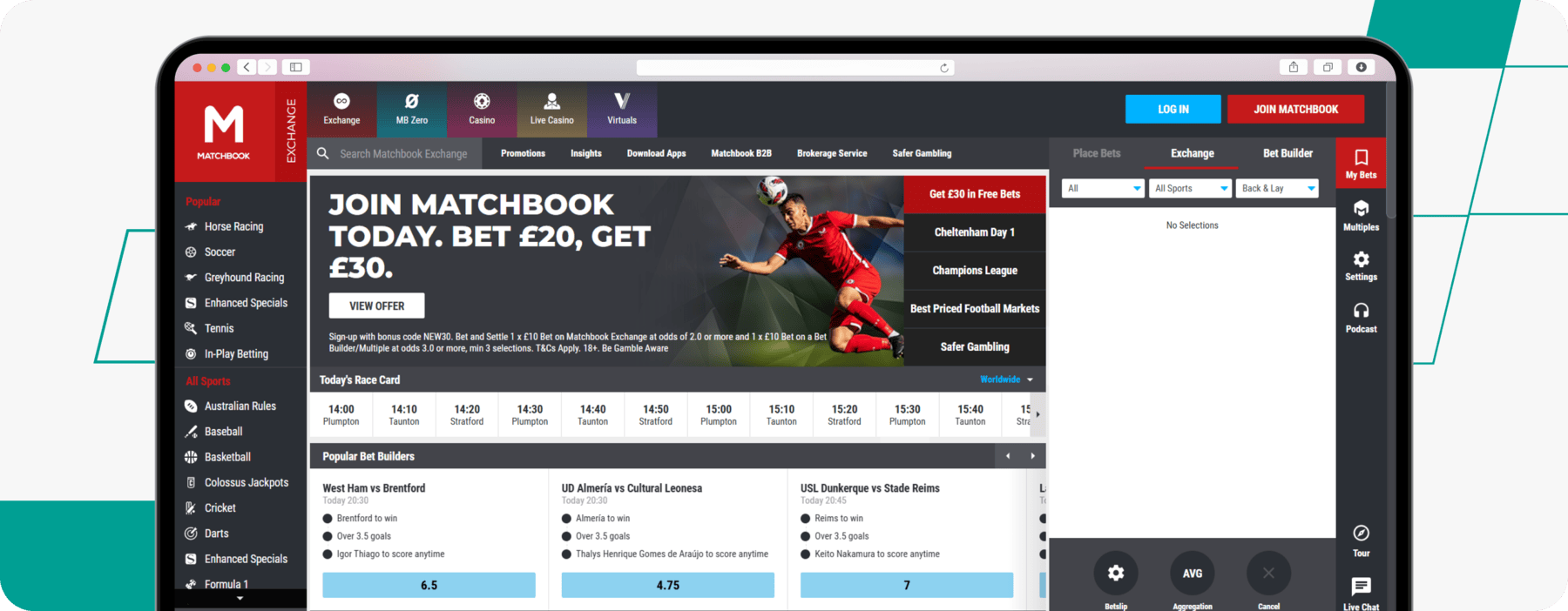 screenshot of matchbook homepage