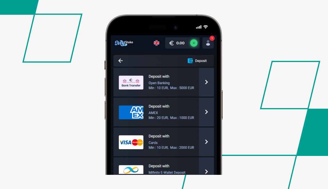 screenshot of mystake deposit method options