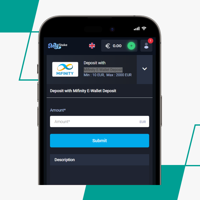 Mystake app deposit interface on mobile