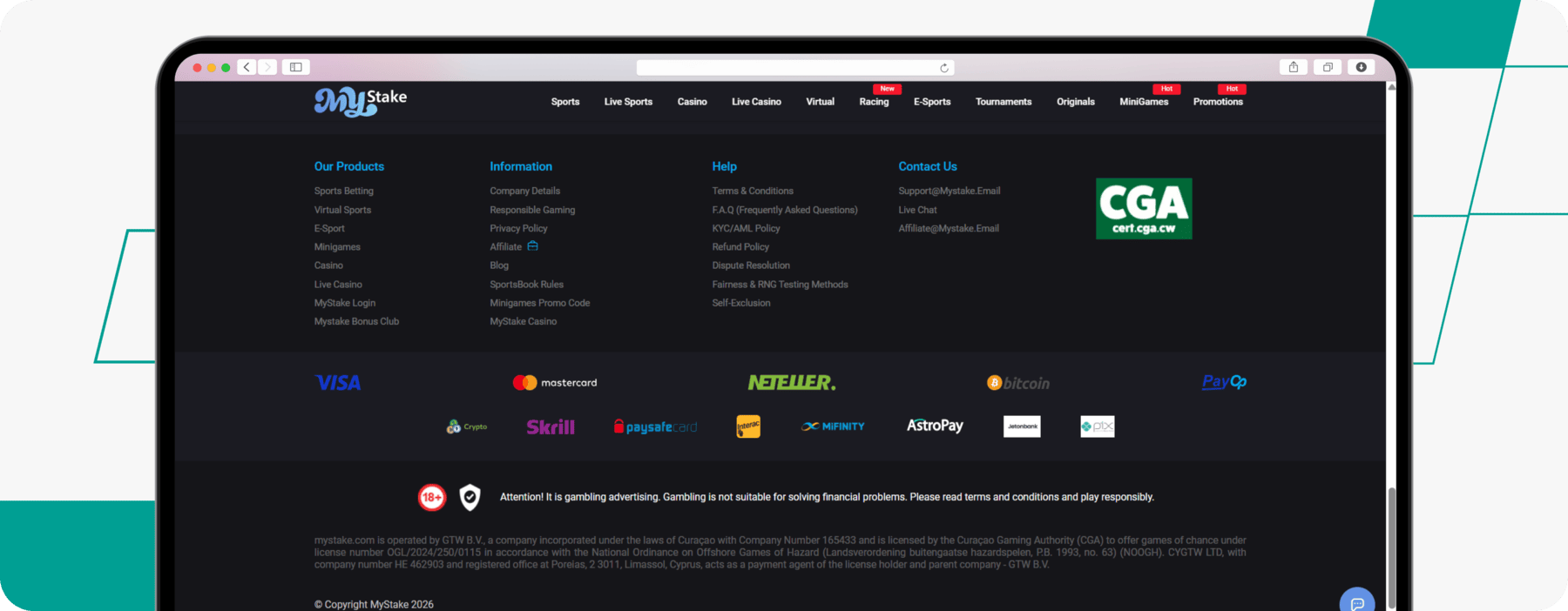 screenshot of mystake website footer
