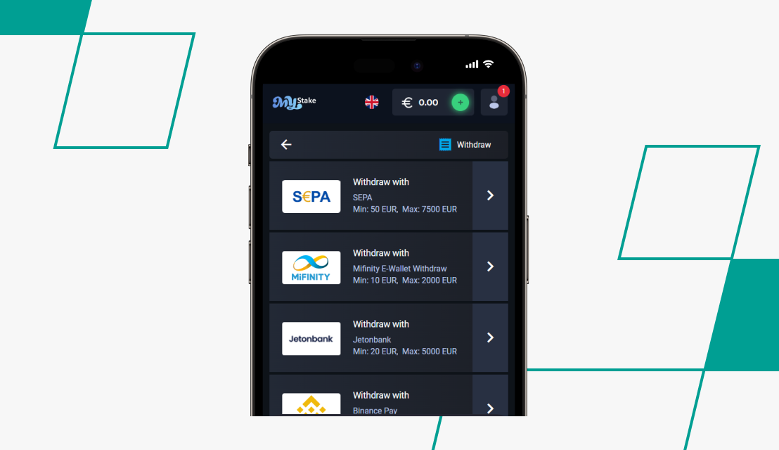 screenshot of mystake withdrawal method options