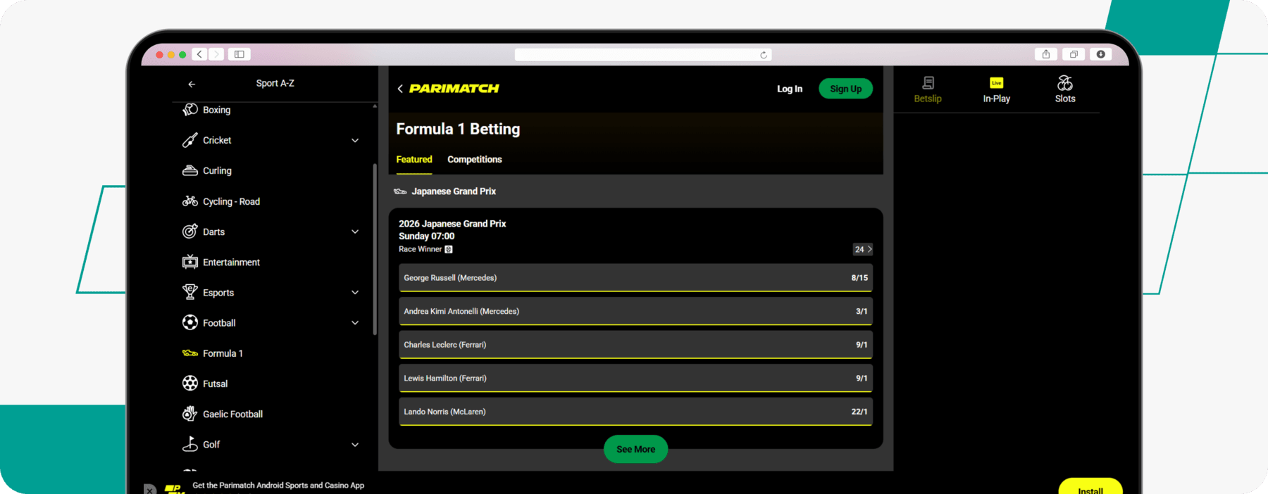 screenshot of parimatch formula 1 page