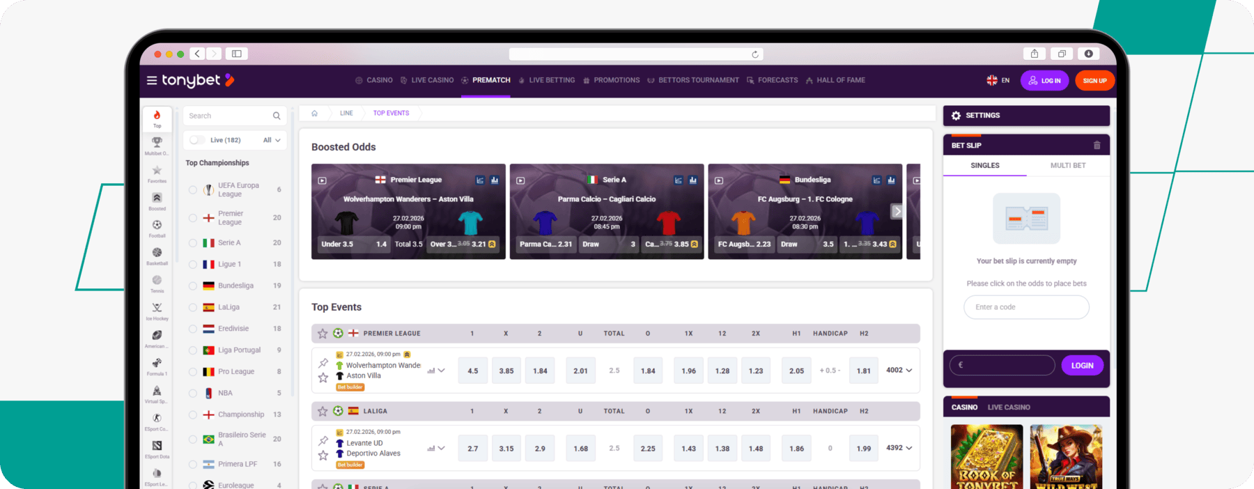 screenshot of tonybet sportsbook