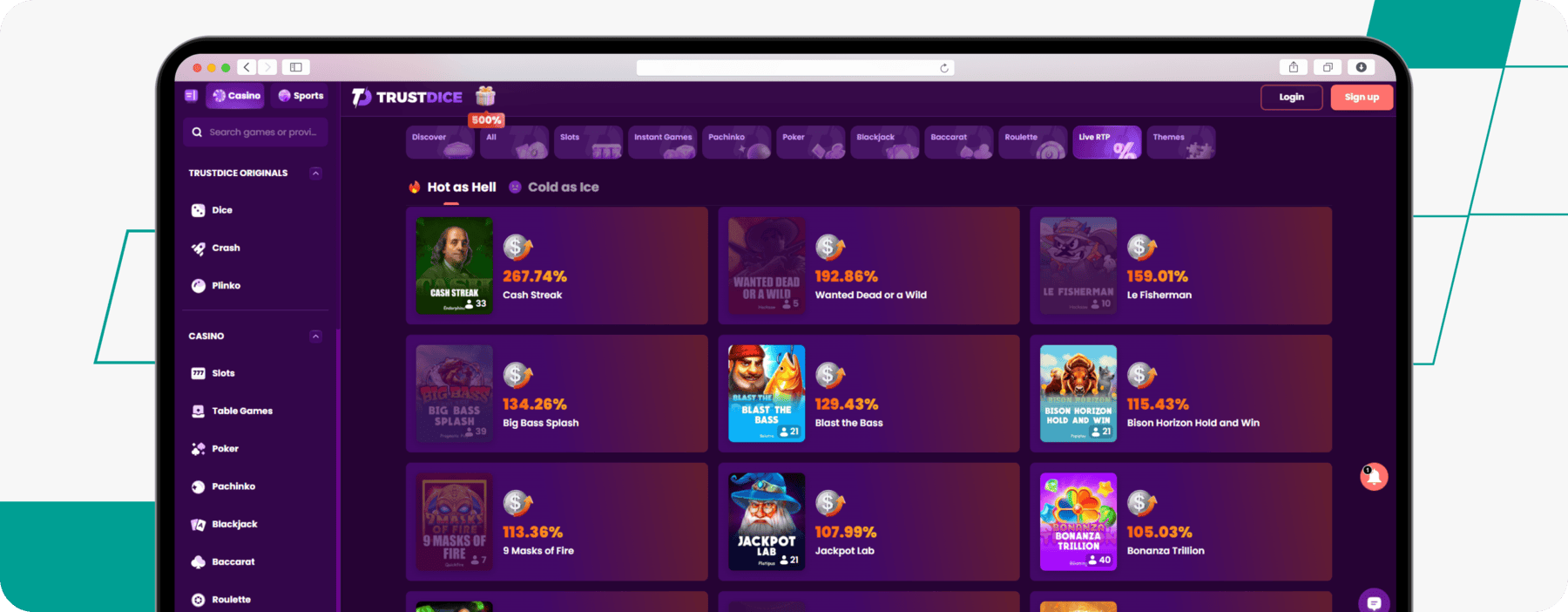 screenshot of trustdice slots live rtp