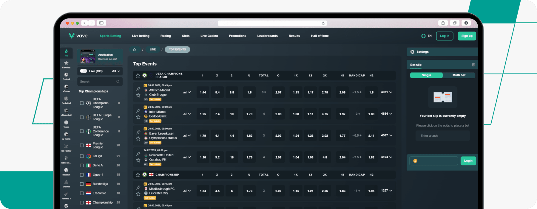 screenshot of vave sportsbook