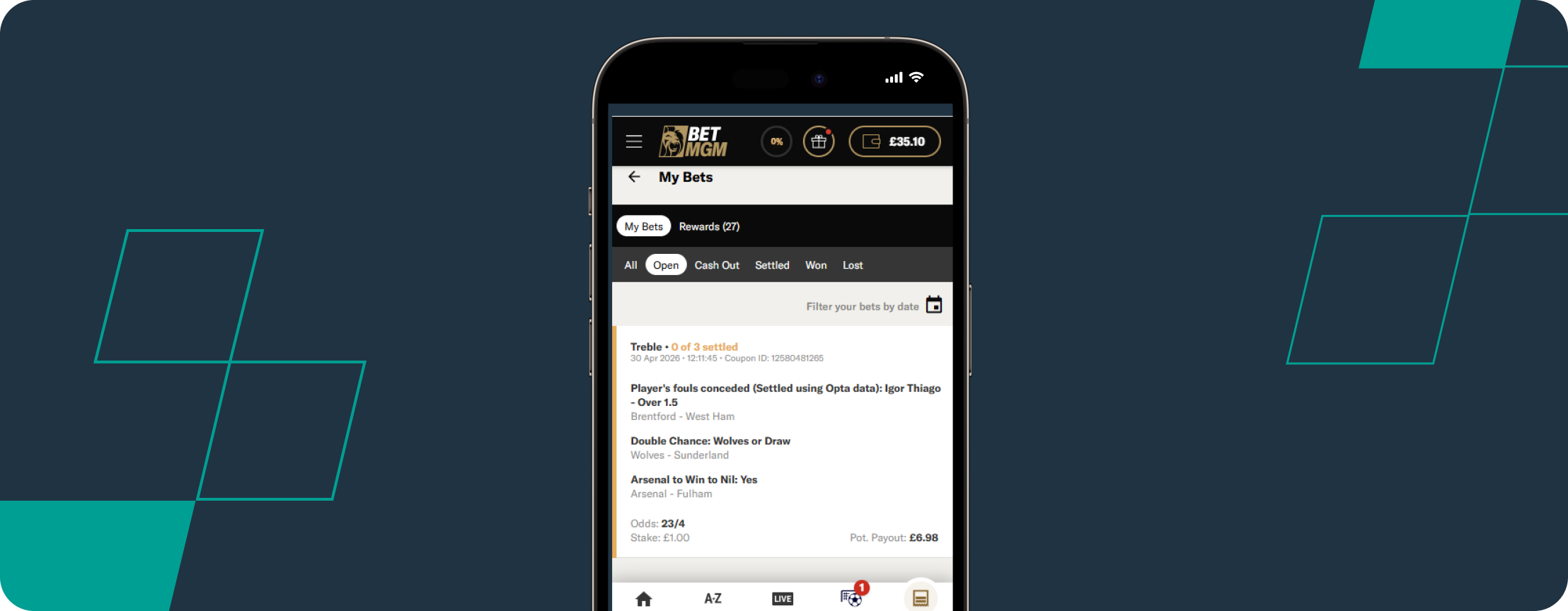 Screenshot of BetMGM Betslip 30/04/2026