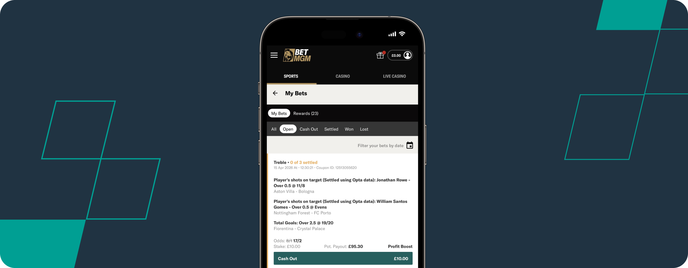 My 17/2 bet slip from BetMGM for my Europa League and Conference League Acca tips