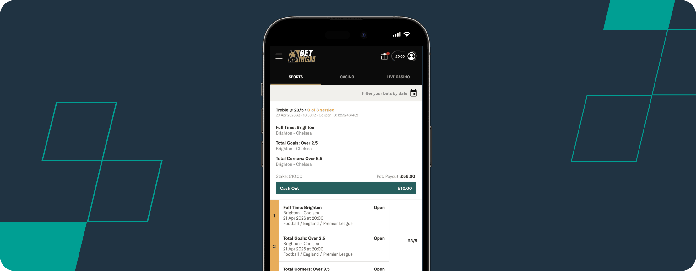 BetMGM bet slip for my Brighton vs Chelsea bet builder