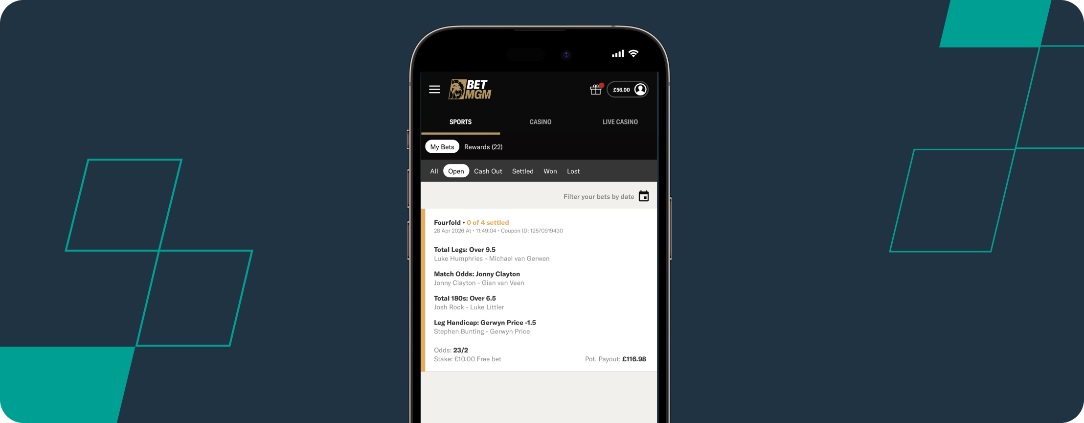 My Night 12 Darts Premier League bet slip with BetMGM
