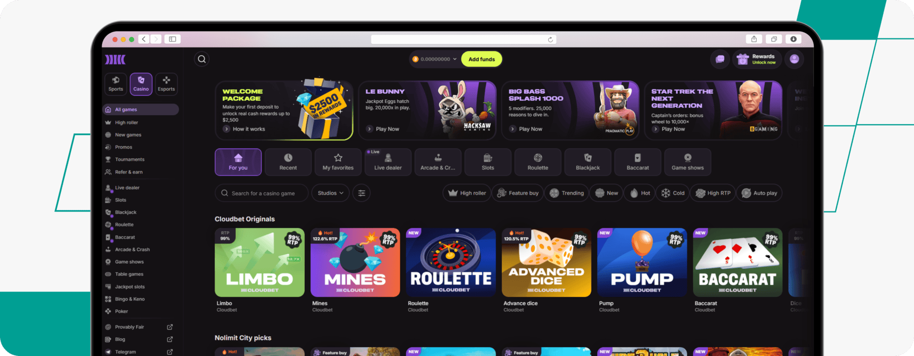 screenshot of cloudbet casino main page