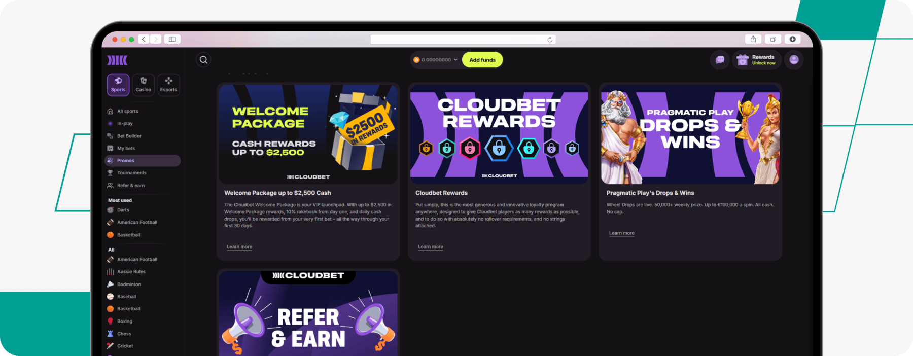 screenshot of cloudbet promotions page