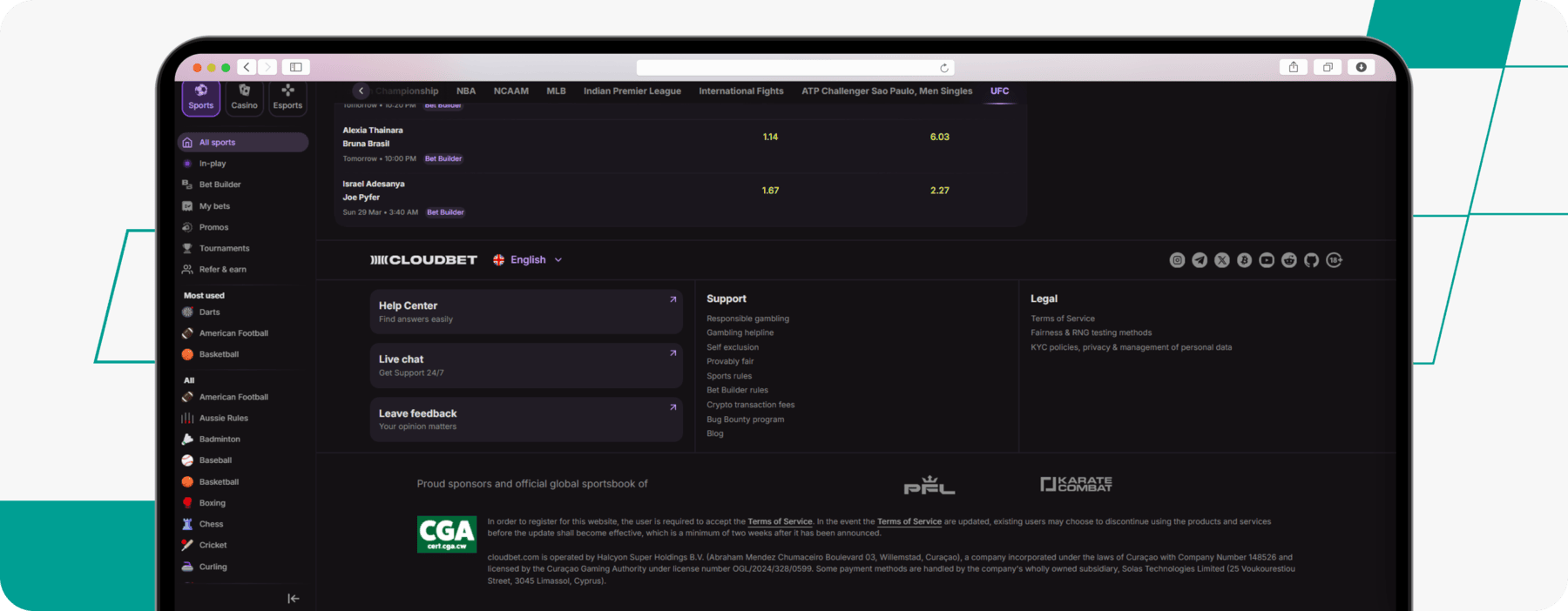 screenshot of cloudbet site footer