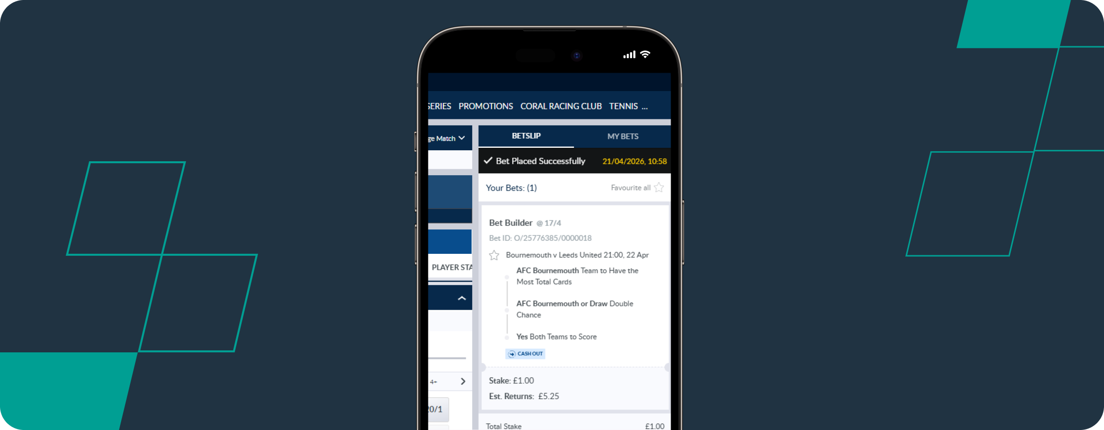 screenshot of coral bournemouth vs leeds bet slip