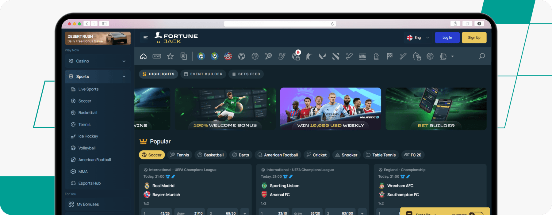 screenshot of fortunejack sportsbook