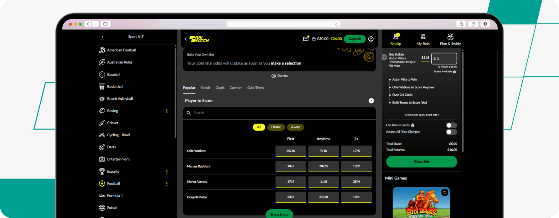 screenshot of parimatch bet builder feature