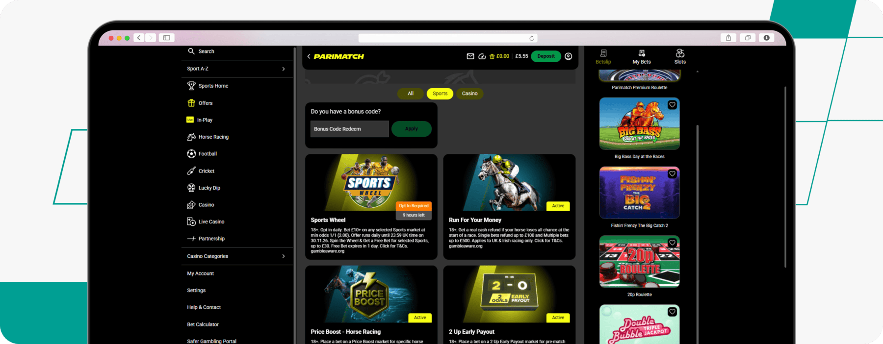 screenshot of parimatch promotions page