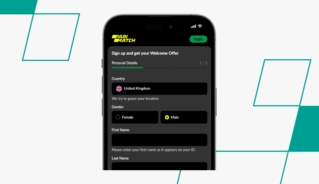 screenshot of step 1 of parimatch sign up process