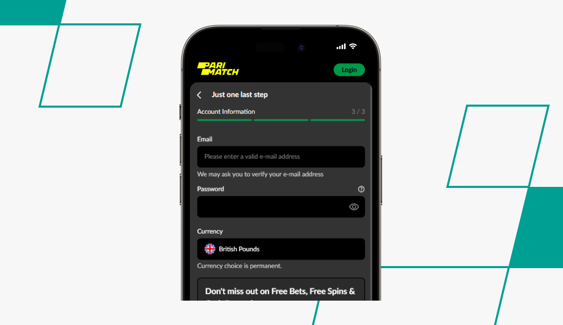 screenshot of step 3 of parimatch sign up process