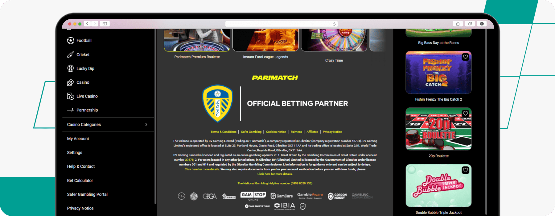 screenshot of parimatch site footer showing licence info