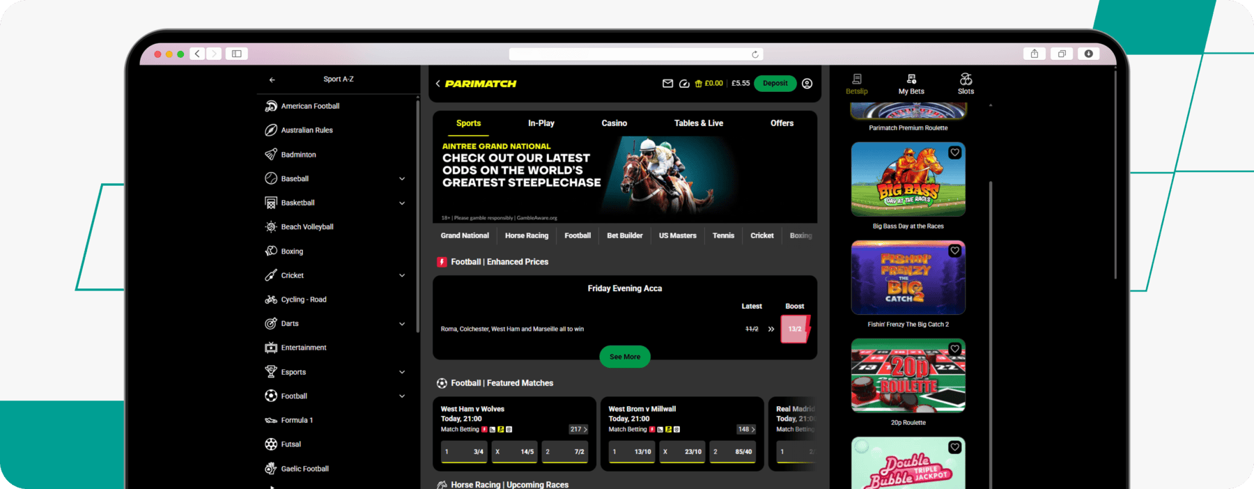 screenshot of parimatch sportsbook offering