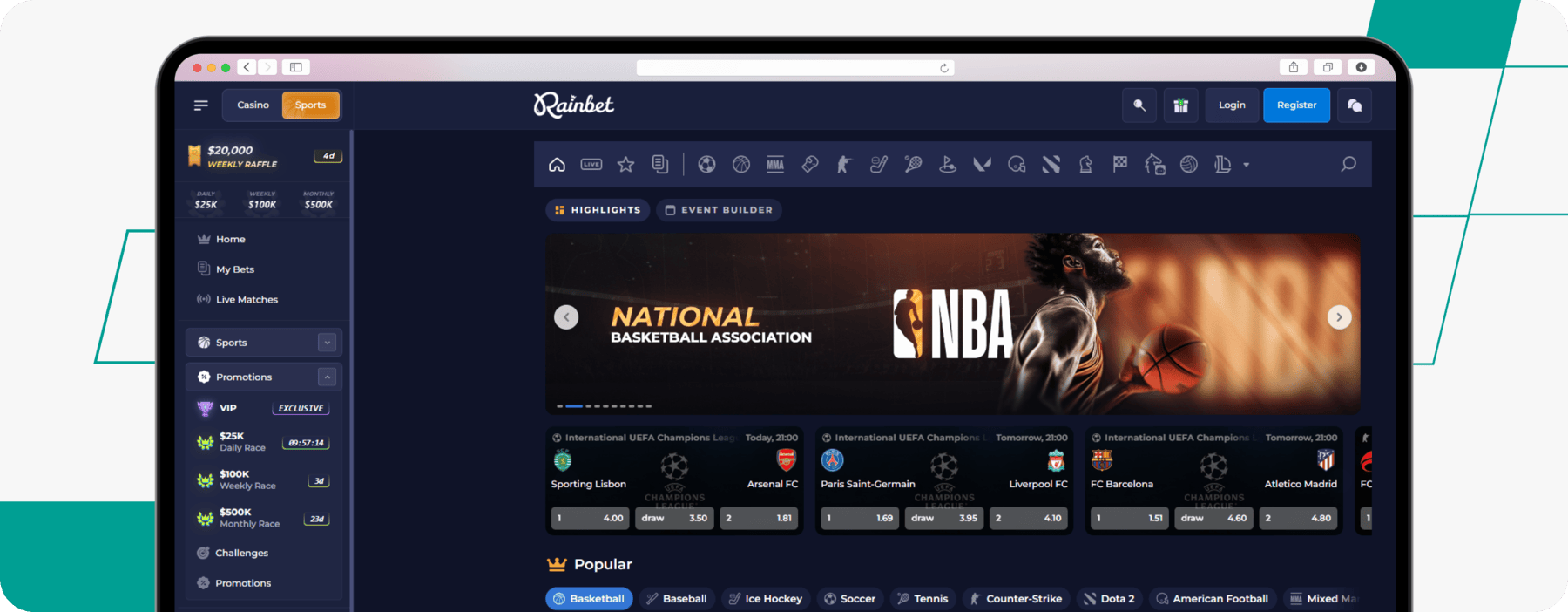 screenshot of rainbet sportsbook