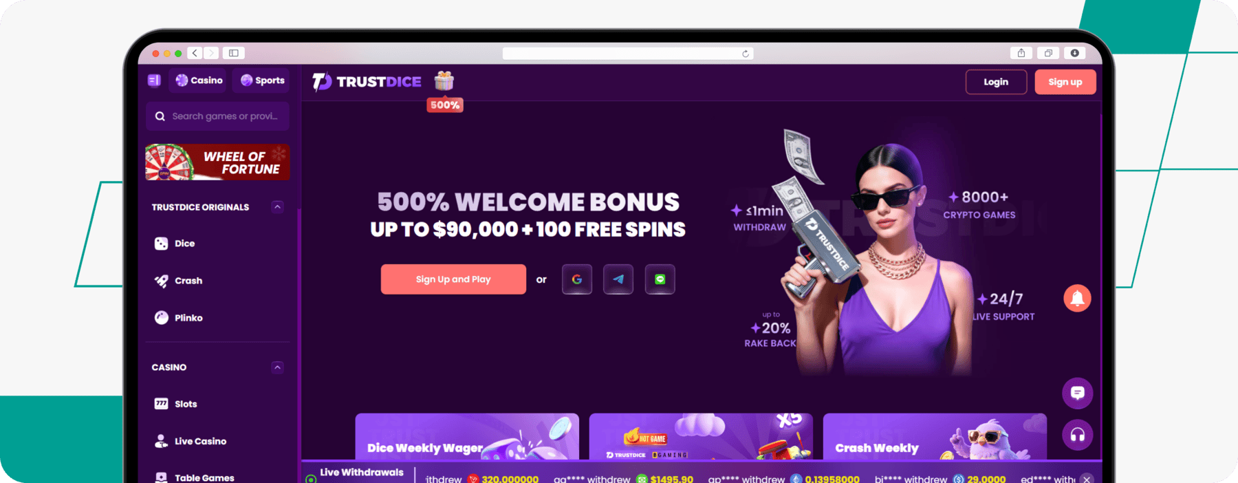 screenshot of trustdice homepage