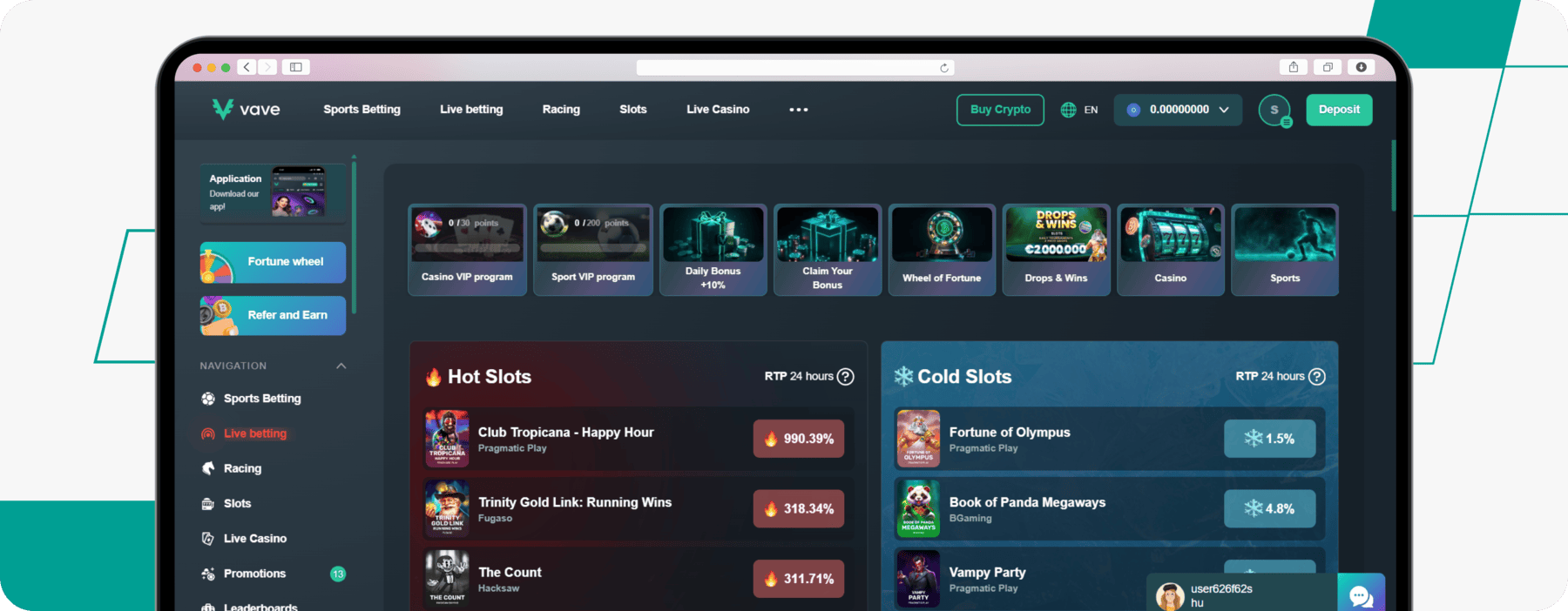screenshot of vave casino homepage