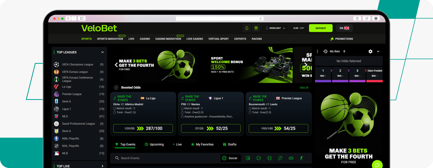 screenshot of velobet sportsbook