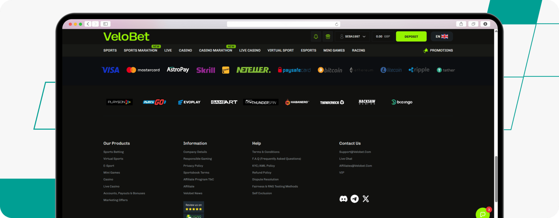 screenshot of velobet website footer