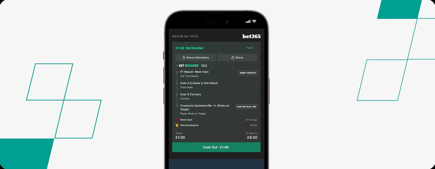 A bet slip from bet365 for the bet builder of West Ham vs Wolves