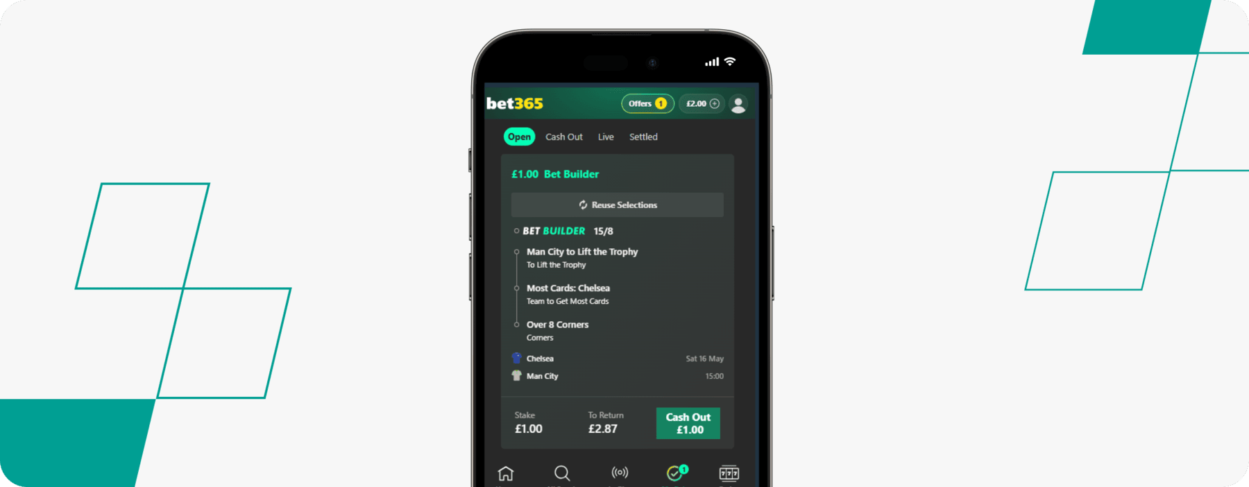 bet365 betslip FA Cup FInal Chelsea vs Man City bet builder.