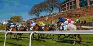 Horses running down the iconic straight at Chester Racecourse
