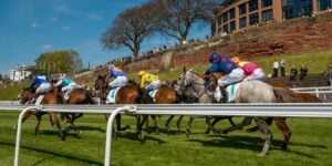 Horses on the straight at Chester Racecourse