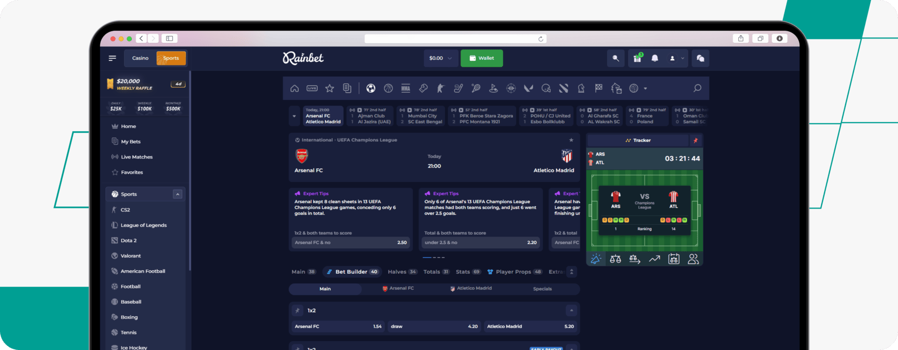 screenshot of rainbet bet builder