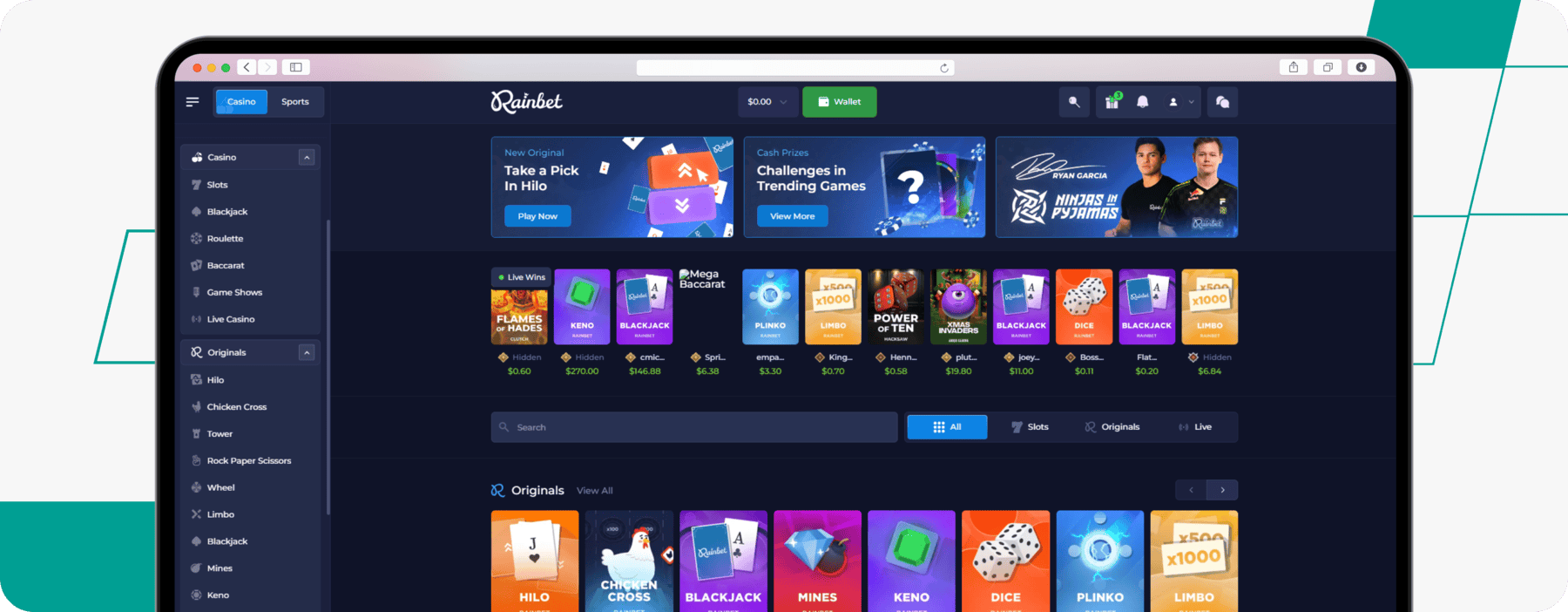 screenshot of rainbet casino