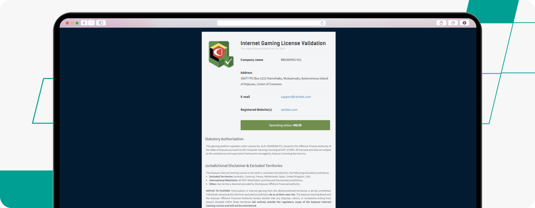 screenshot of rainbet license