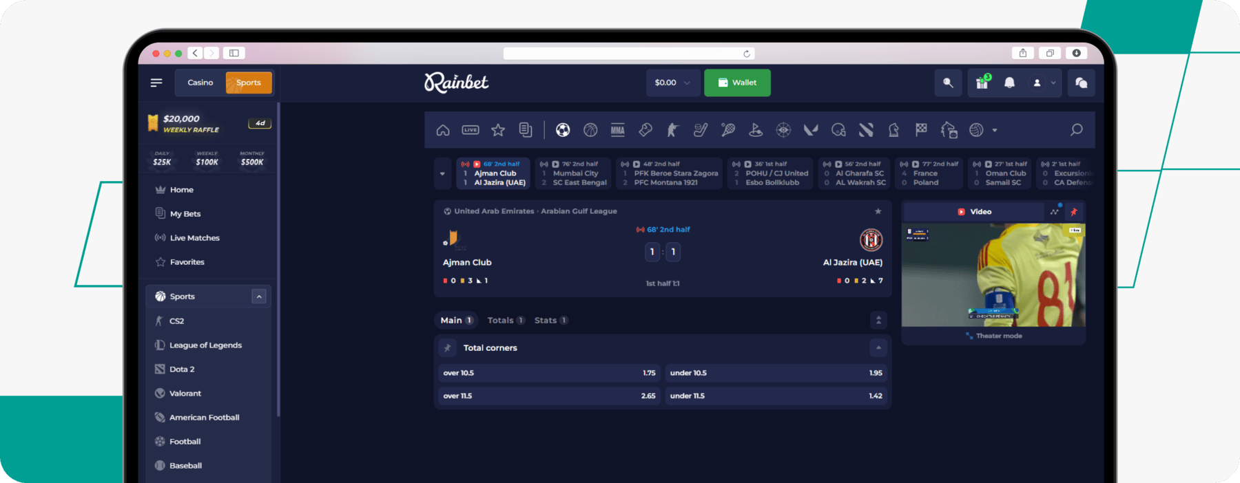 screenshot of rainbet live betting