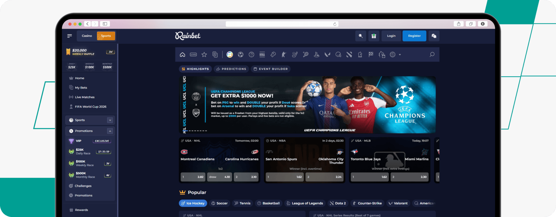 screenshot of rainbet sportsbook promotions