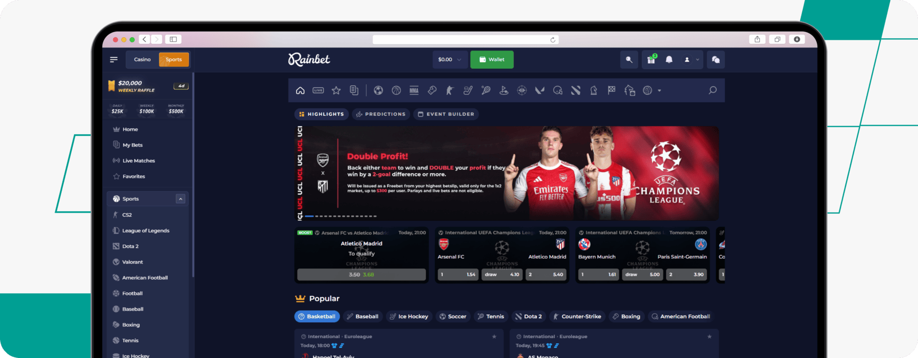 screenshot of rainbet sportsbook