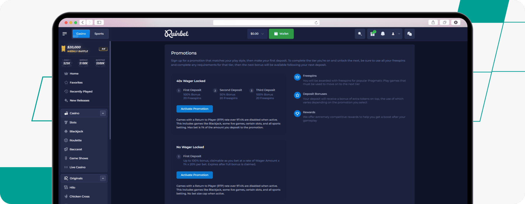 screenshot of rainbet welcome offer