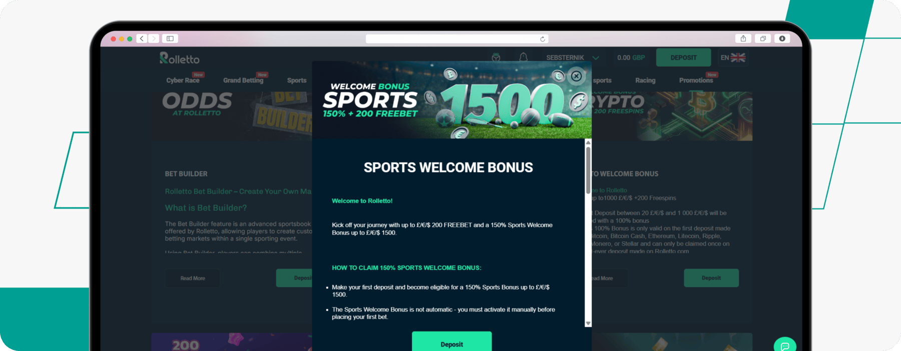 screenshot of rolletto sports welcome offer