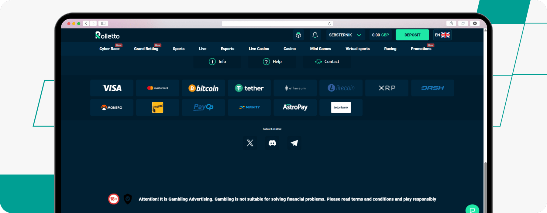 screenshot of rolletto website footer