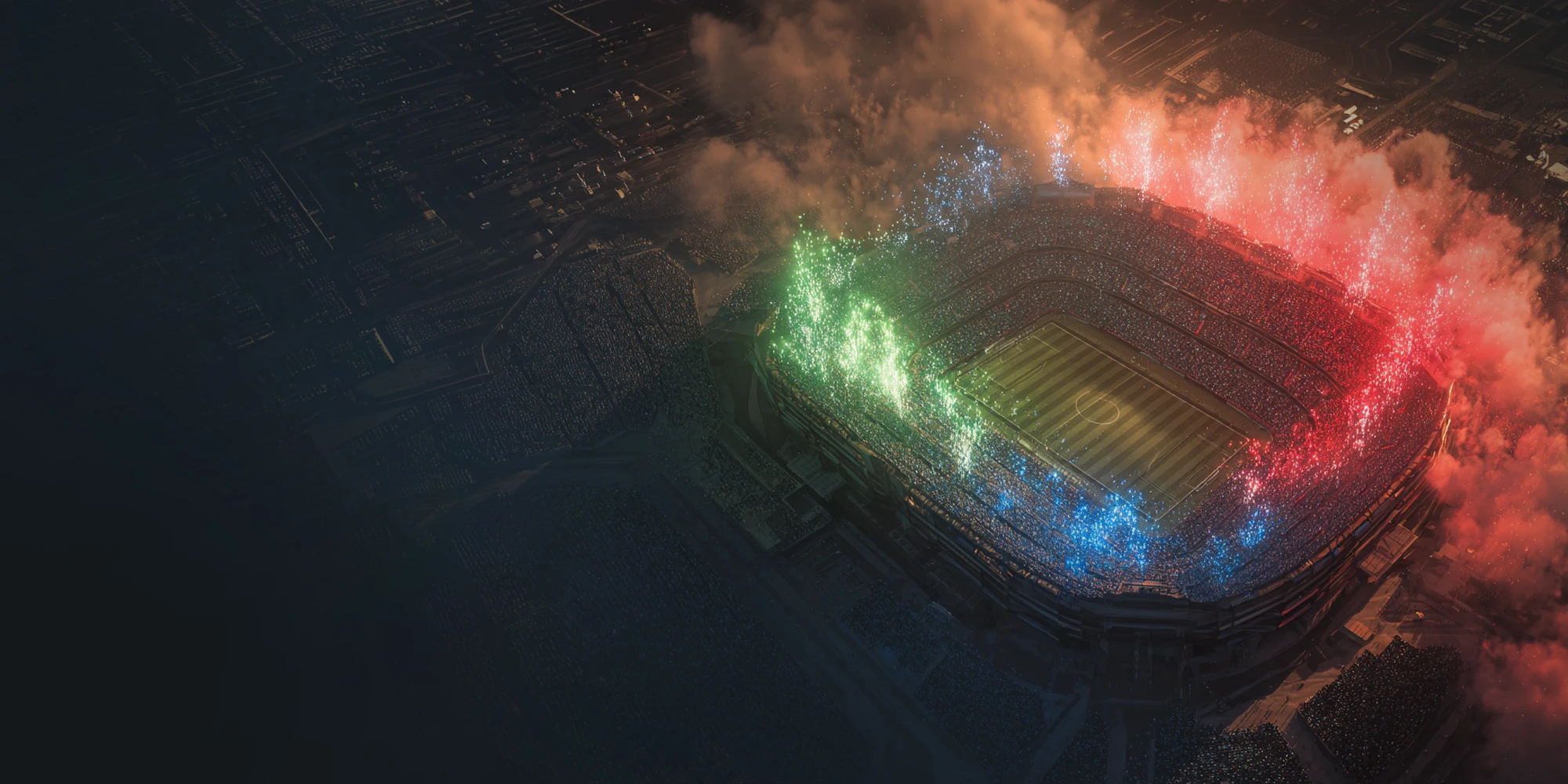 Football stadium lit with fireworks