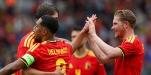 Youri Tielemans and Kevin De Bruyne celebrate scoring a goal for Belgium