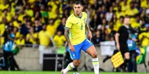 Bruno Guimarães playing football for Brazil