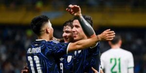 Julian Alvarez celebrates scoring a goal for Argentina