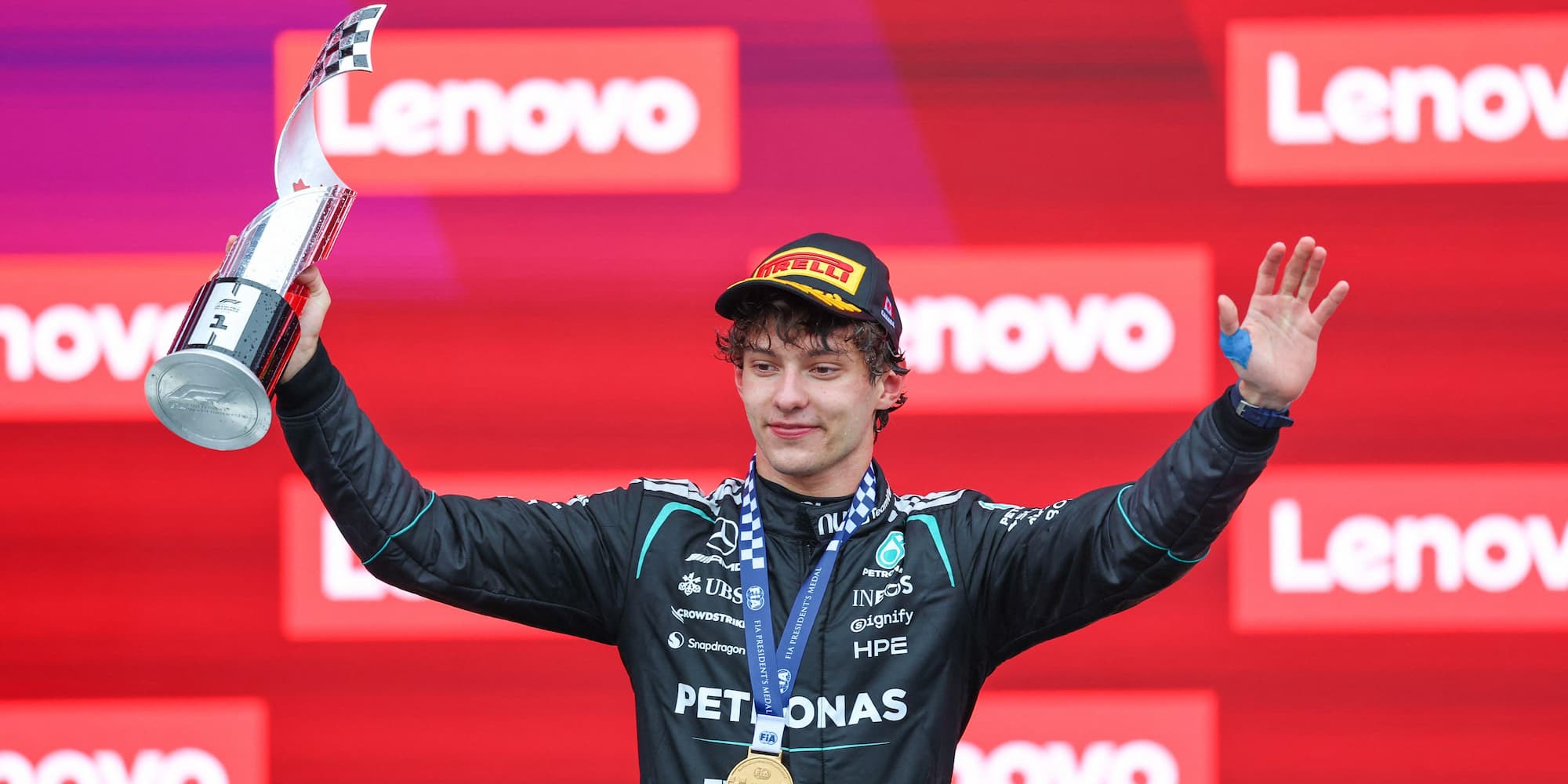 Kimi Antonelli celebrates winning the Canada Grand Prix 2026