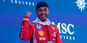 Lewis Hamilton on the podium celebrating his first win for Ferrari in Barcelona