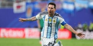 Lionel Messi Celebrates scoring against Algeria