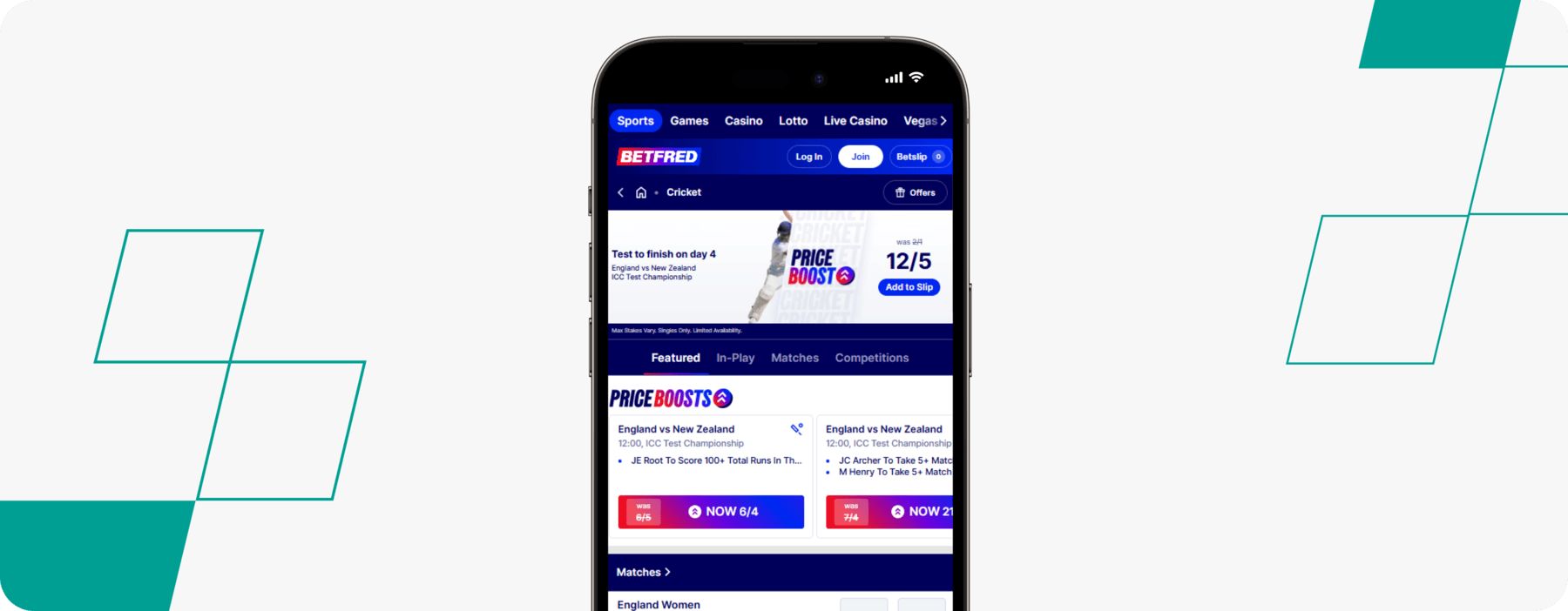screenshot of betfred app cricket page